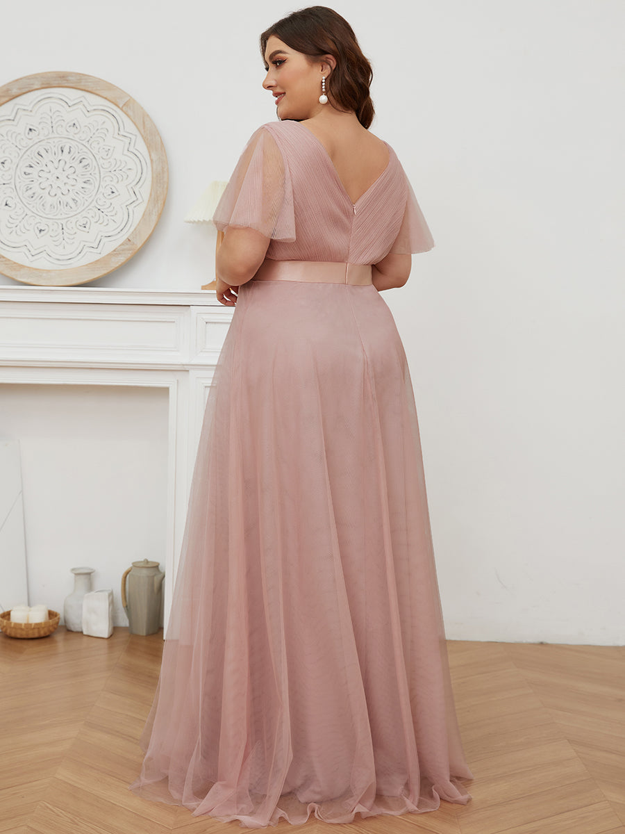 Color=Pink | Plus Size Women'S V-Neck A-Line Short Sleeve Floor-Length Bridesmaid Dresses Ep07962-Pink 2