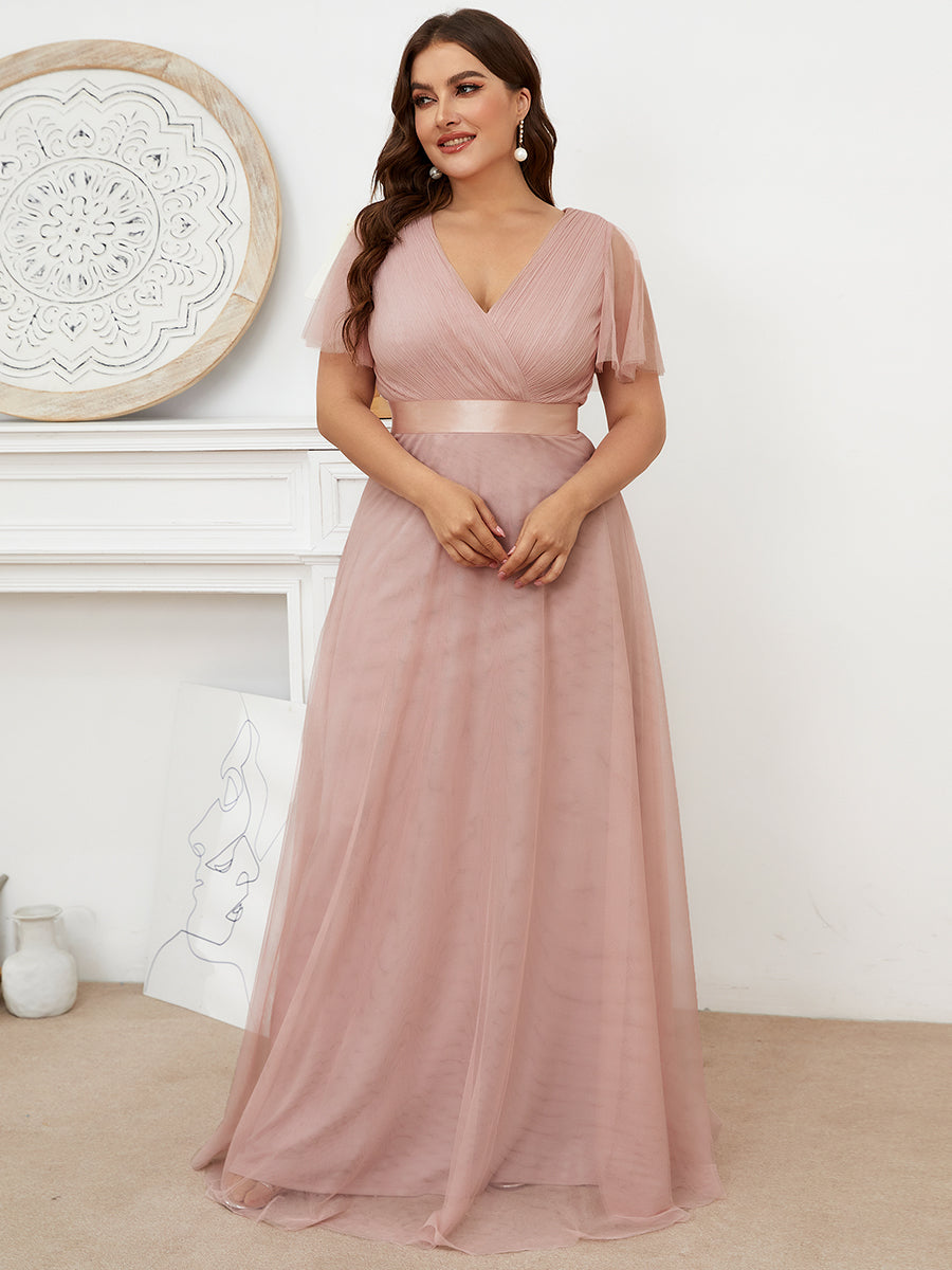 Color=Pink | Plus Size Women'S V-Neck A-Line Short Sleeve Floor-Length Bridesmaid Dresses Ep07962-Pink 4