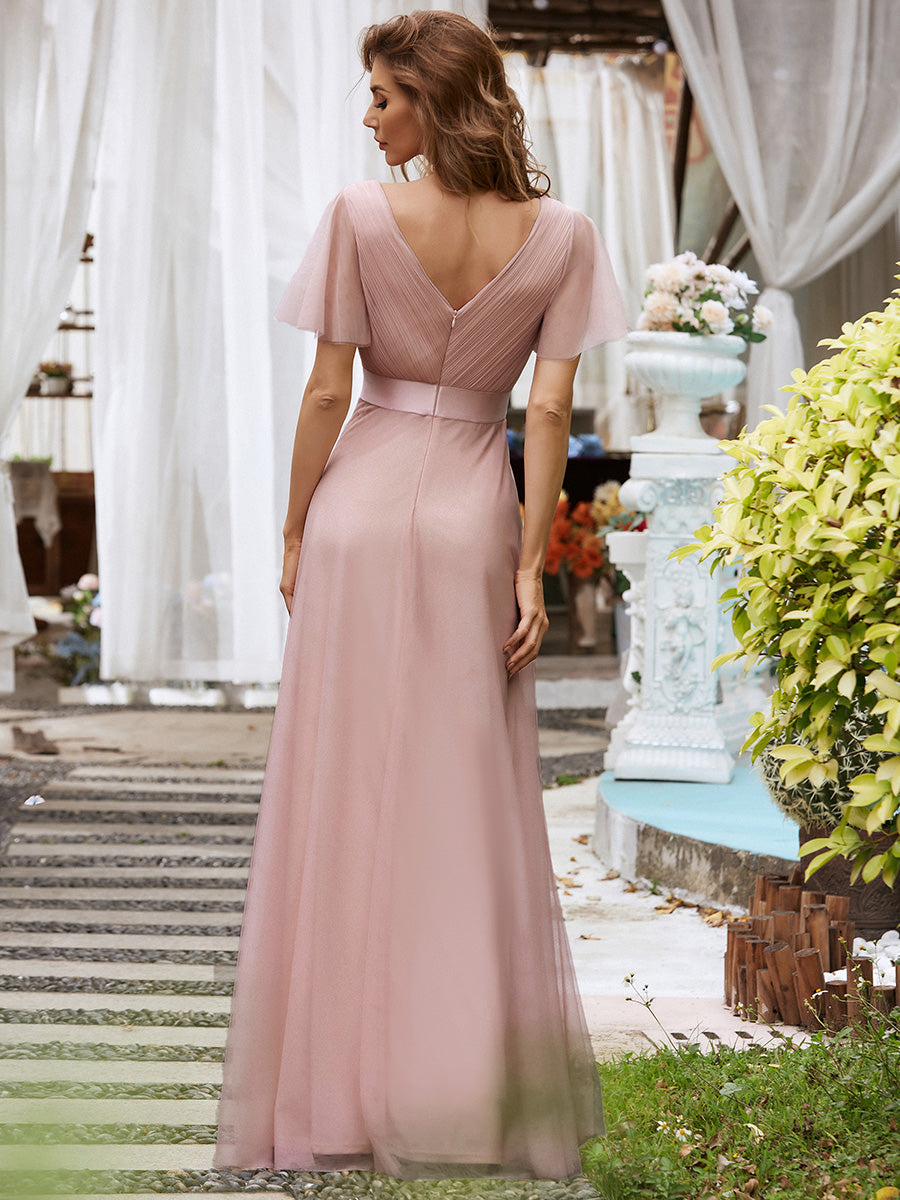 Color=Pink| Women's V-Neck A-Line Floor-Length Wholesale Bridesmaid Dresses-Pink 3