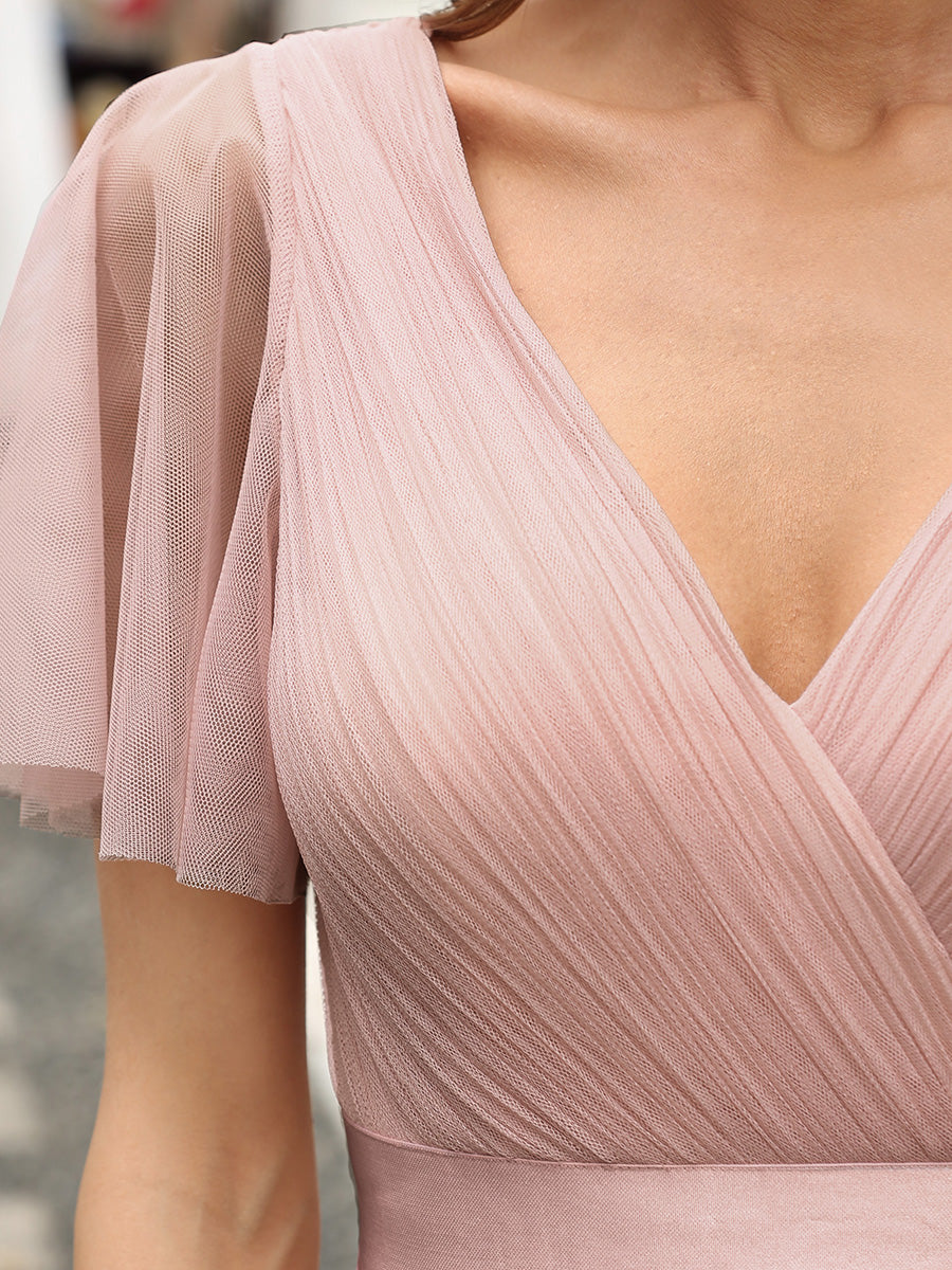 Color=Pink| Women's V-Neck A-Line Floor-Length Wholesale Bridesmaid Dresses-Pink 5