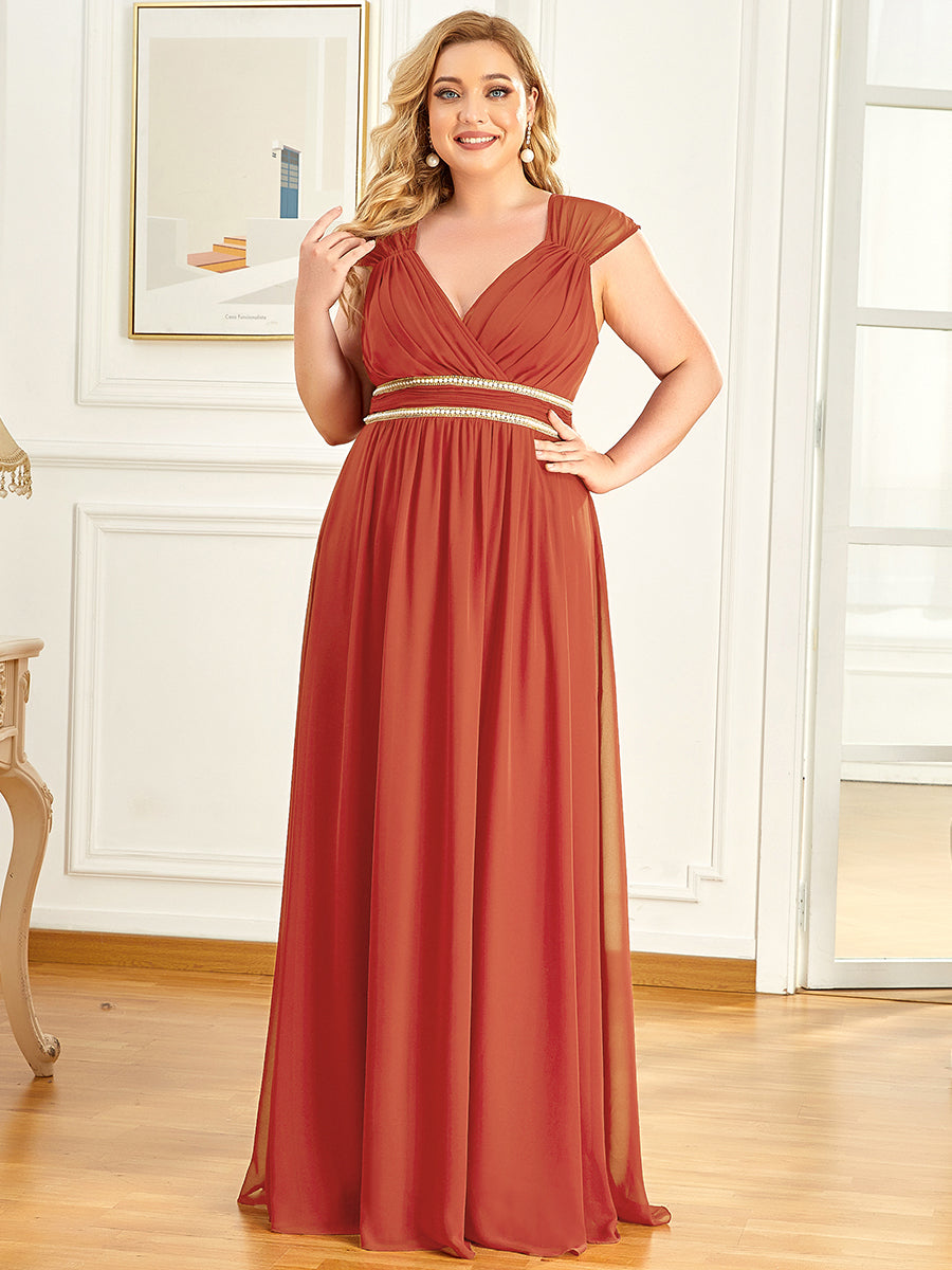 Color=Burnt orange | Sleeveless Floor Length V Neck Wholesale Bridesmaid dresses-Burnt orange 3