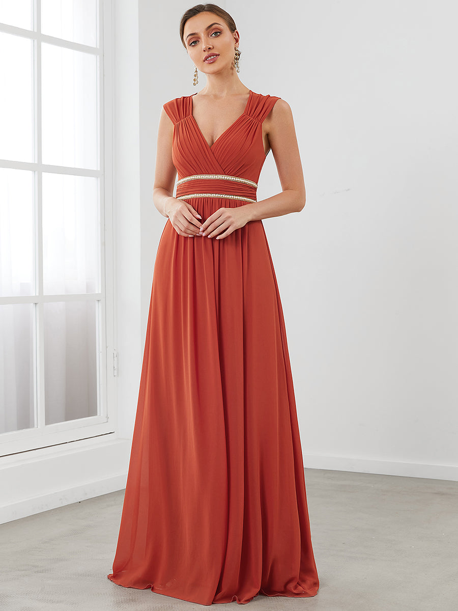 Color=Burnt orange | Sleeveless Floor Length V Neck Wholesale Bridesmaid dresses-Burnt orange 1