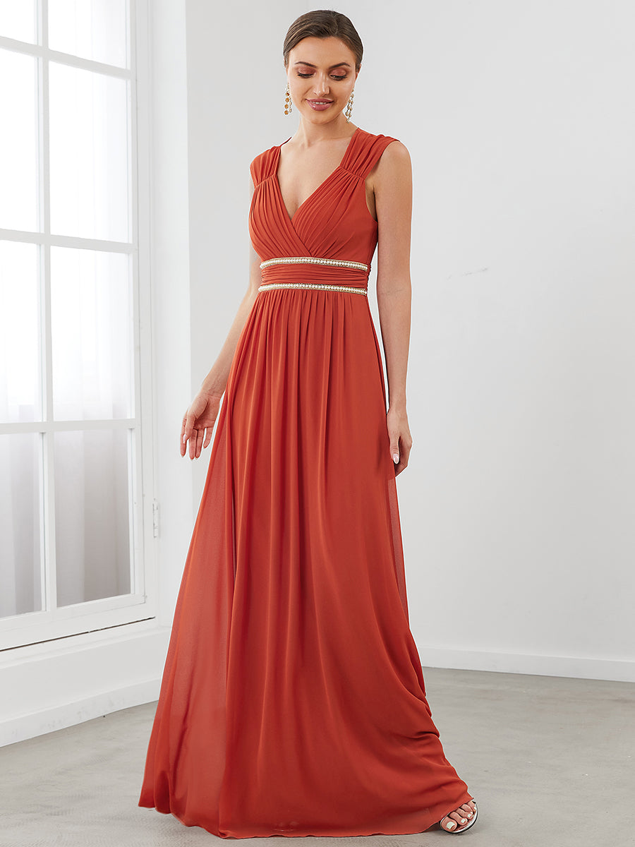 Color=Burnt orange | Sleeveless Floor Length V Neck Wholesale Bridesmaid dresses-Burnt orange 4