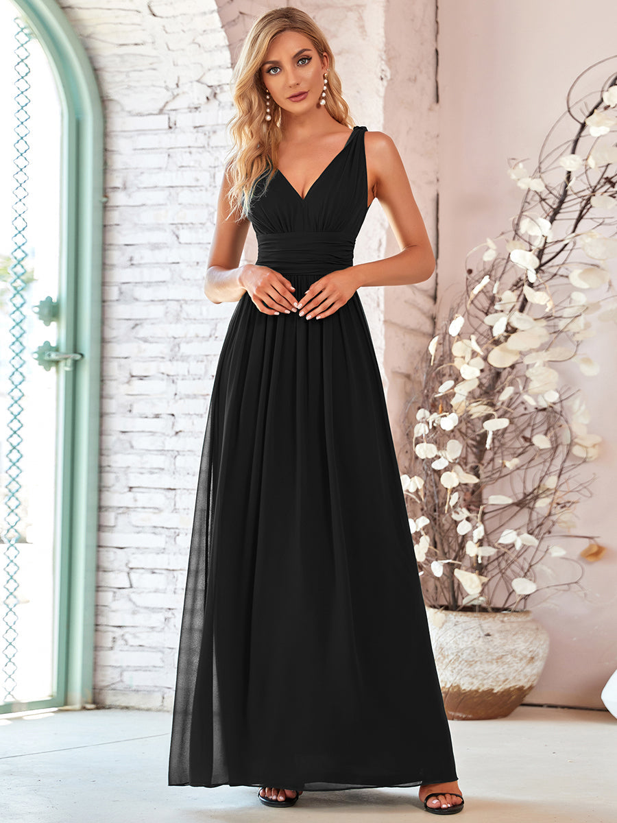 Color=Black | Double V-Neck Elegant Maxi Long Wholesale Evening Dresses-Black 1