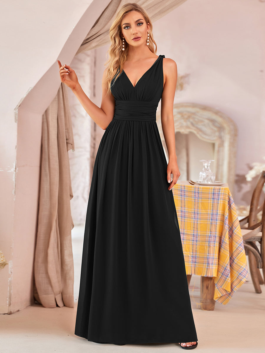 Color=Black | Double V-Neck Elegant Maxi Long Wholesale Evening Dresses-Black 3