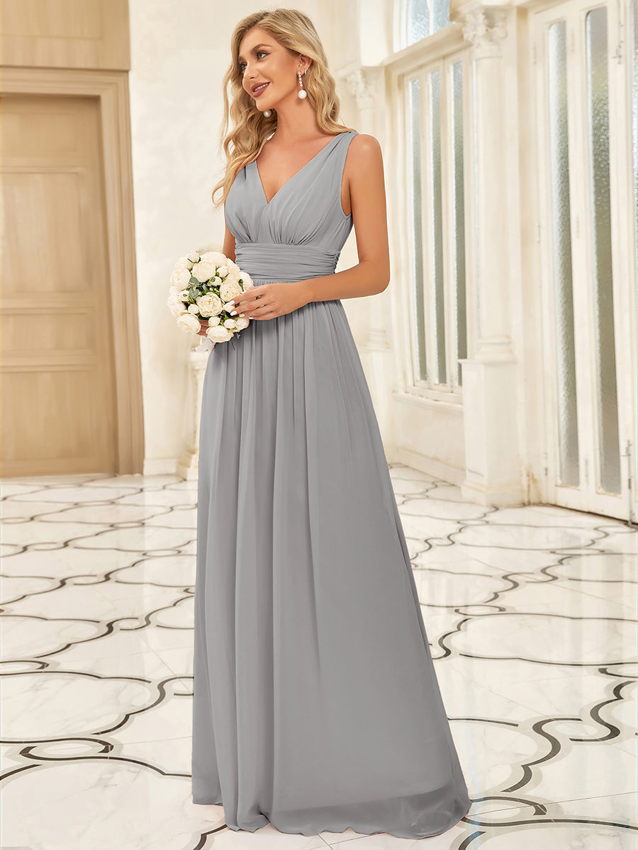 Color=Grey | Double V-Neck Elegant Maxi Long Wholesale Evening Dresses-Grey 8