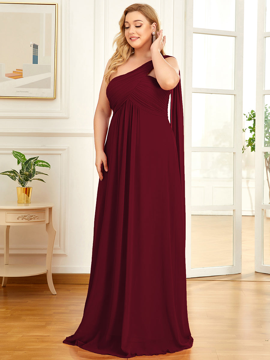 Color=Burgundy | One Shoulder Chiffon Ruffles Plus Size Long Evening Dresses-Burgundy 4