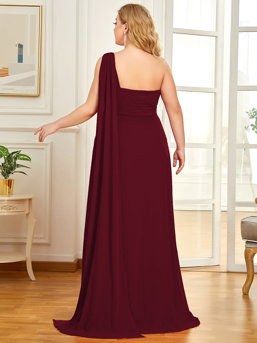 Color=Burgundy | One Shoulder Chiffon Ruffles Plus Size Long Evening Dresses-Burgundy 2