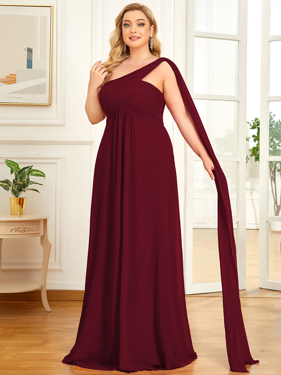Color=Burgundy | One Shoulder Chiffon Ruffles Plus Size Long Evening Dresses-Burgundy 3