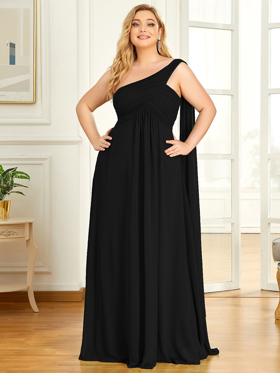 Color=Black | One Shoulder Chiffon Ruffles Plus Size Long Evening Dresses-Black 1