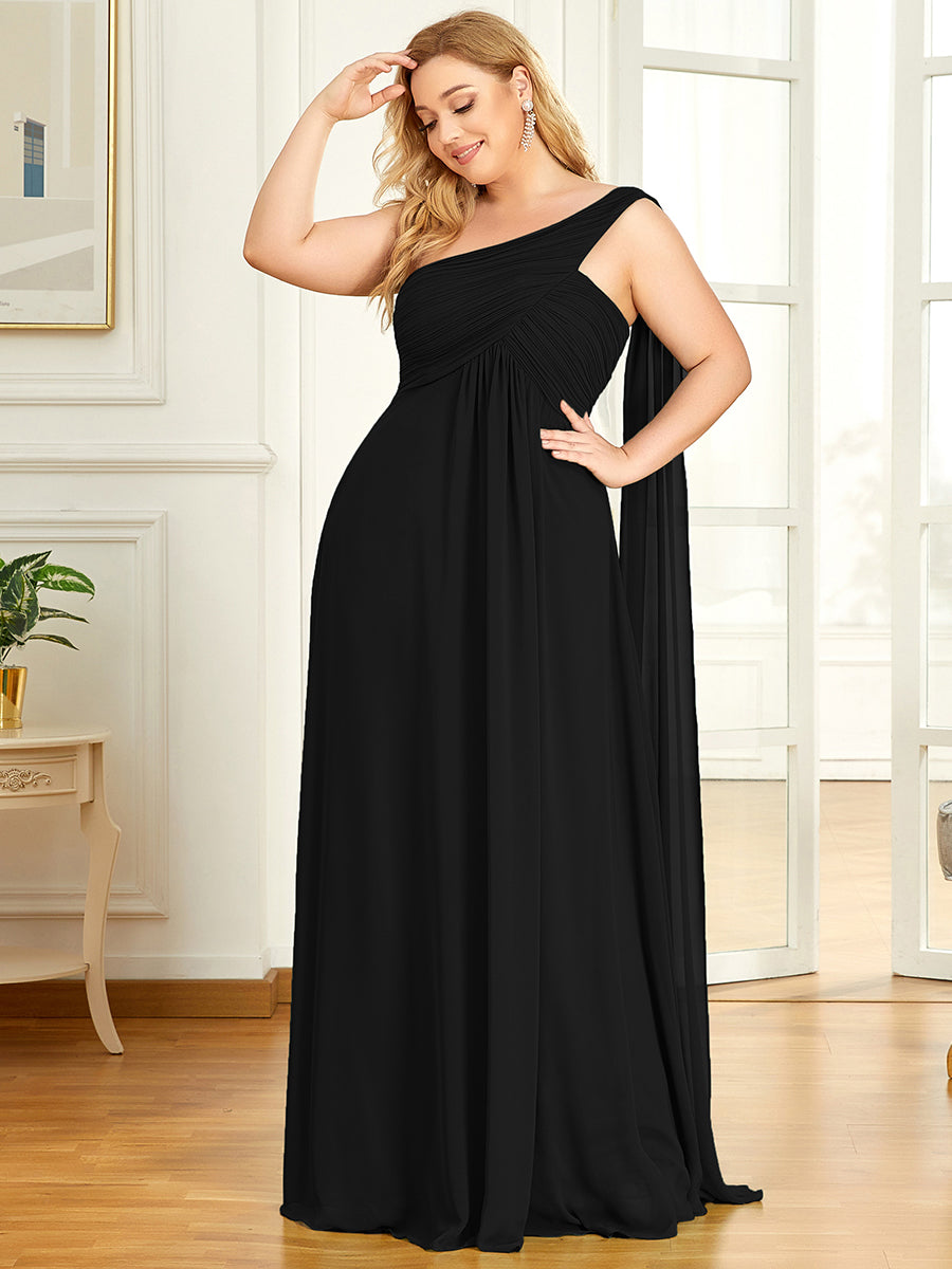 Color=Black | One Shoulder Chiffon Ruffles Plus Size Long Evening Dresses-Black 4