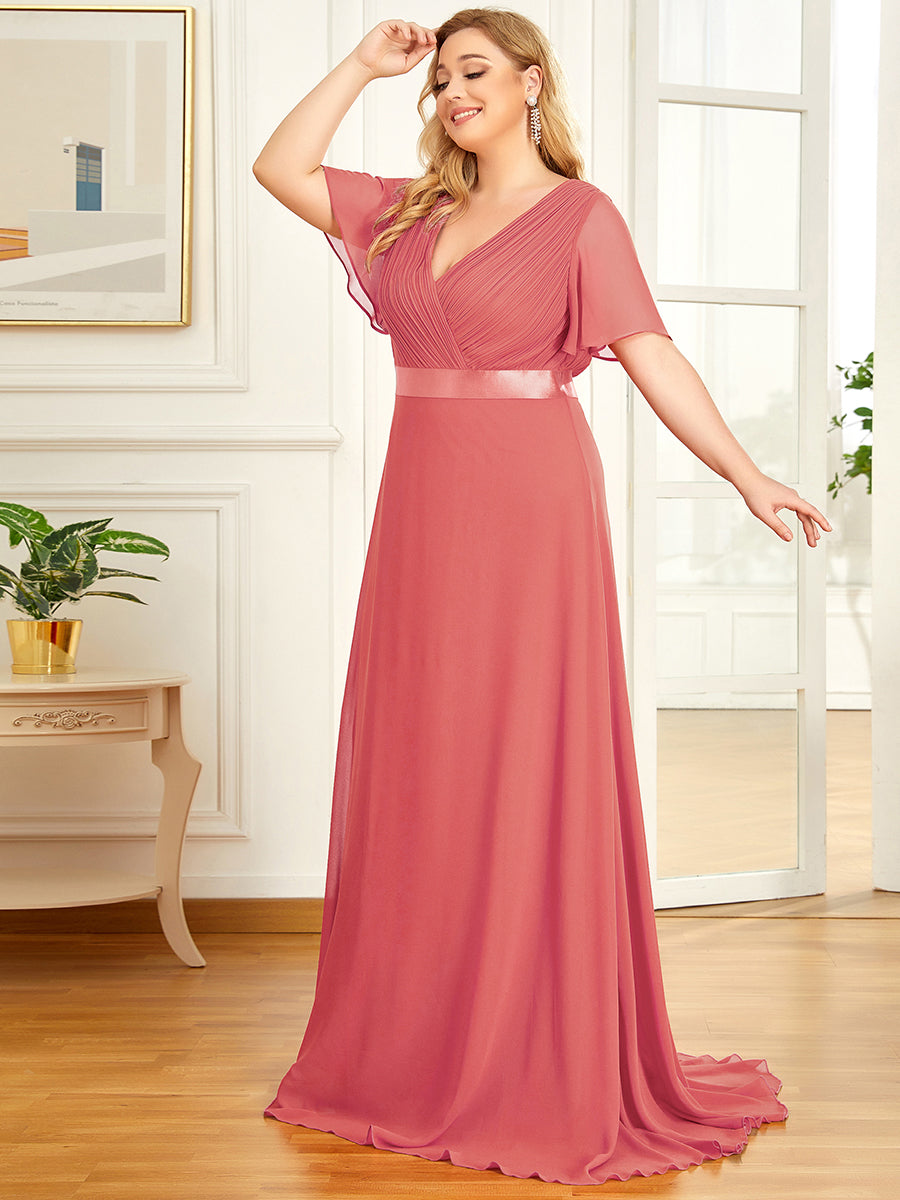 Double V-Neck Ruffles Padded Plus Size Wholesale Evening Dresses #Color_Coral