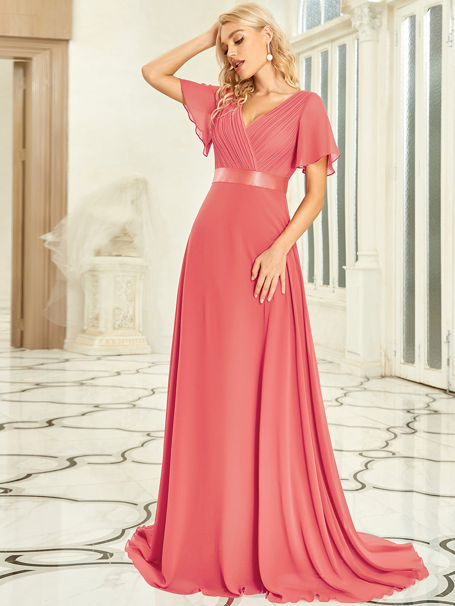 Color=Coral | Glamorous Double V-Neck Ruffles Padded Wholesale Evening Dresses-Coral 2