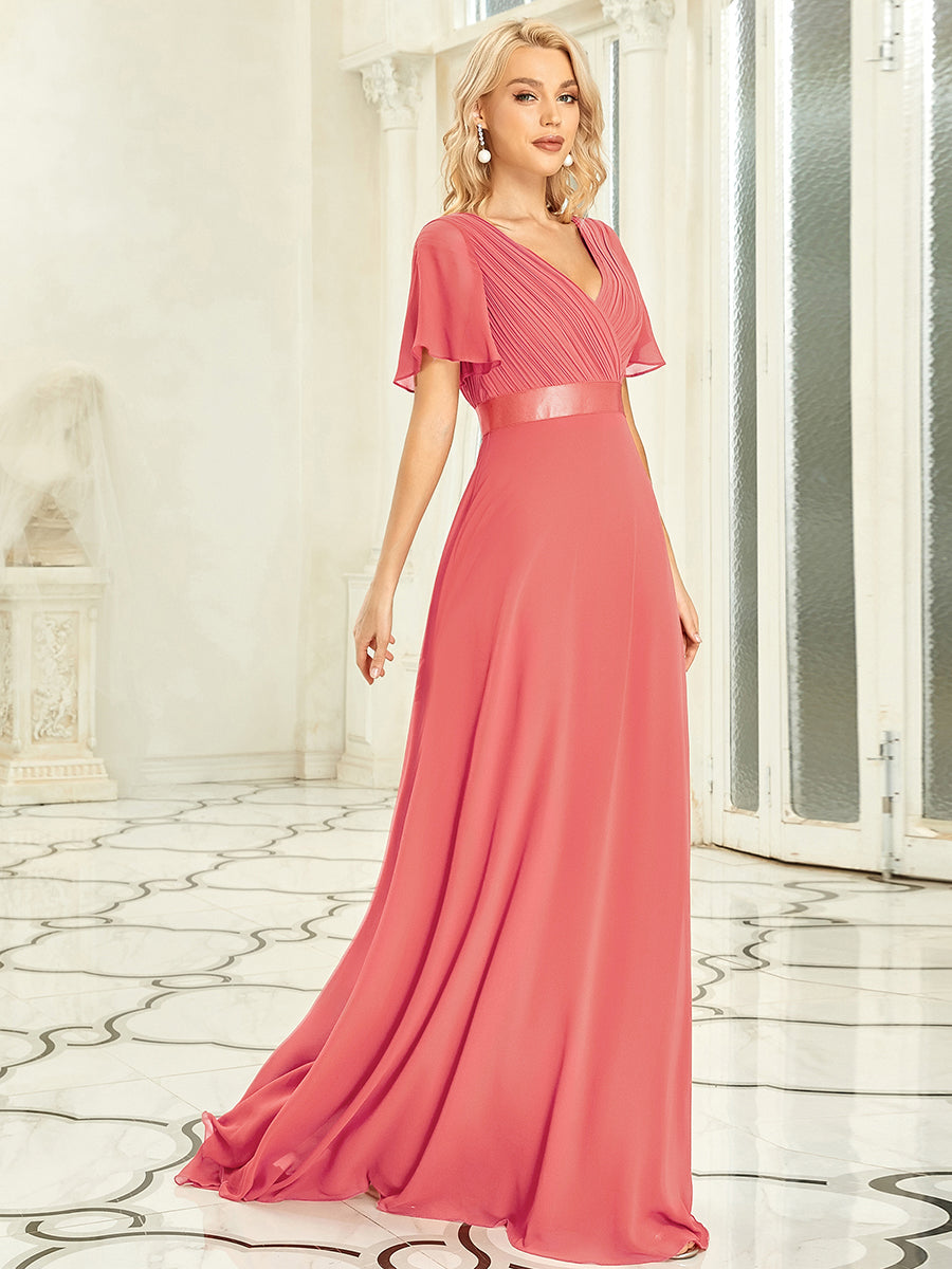 Color=Coral | Glamorous Double V-Neck Ruffles Padded Wholesale Evening Dresses-Coral 4