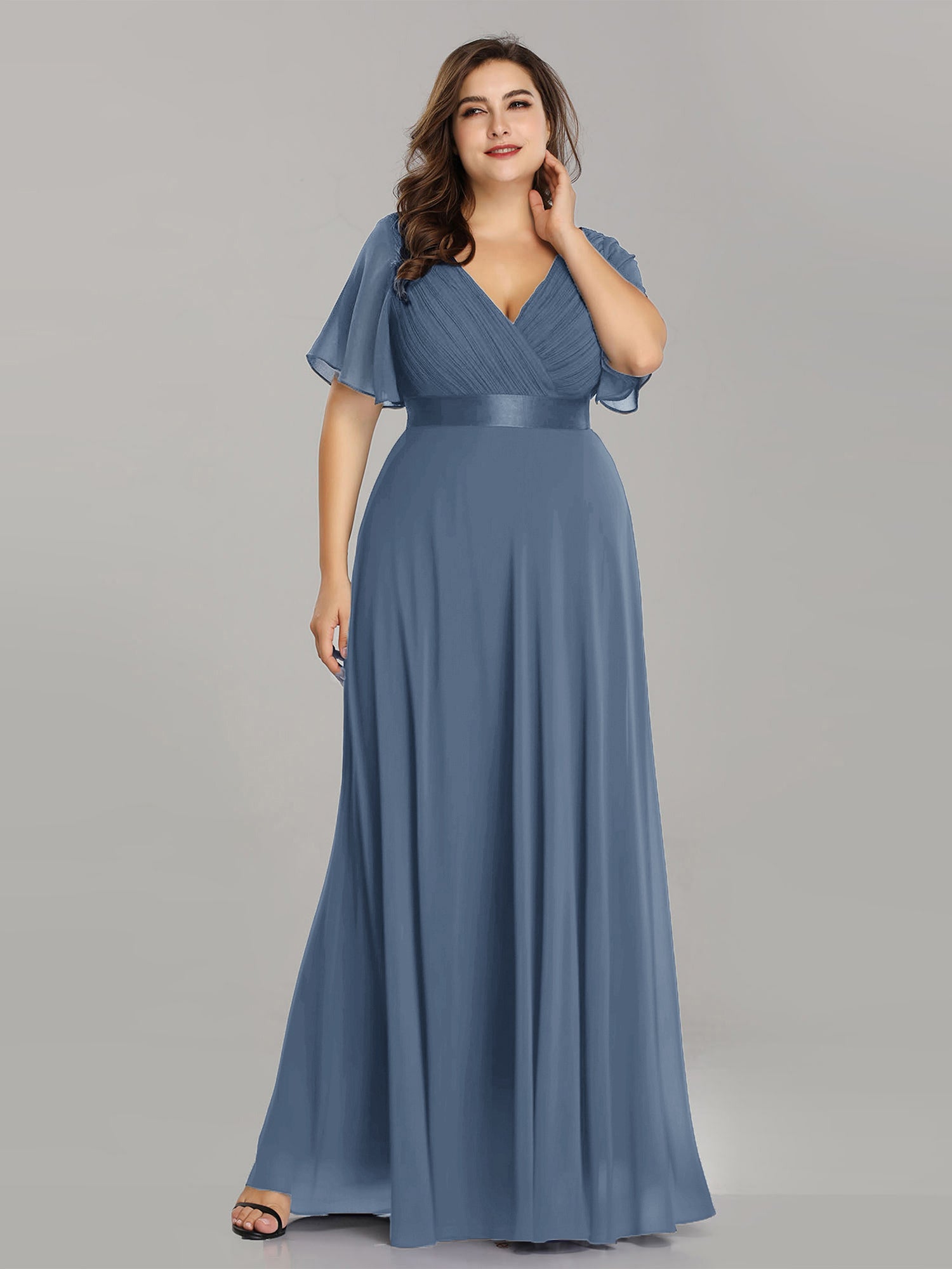 Double V-Neck Ruffles Padded Plus Size Wholesale Evening Dresses #Color_Dusty Navy