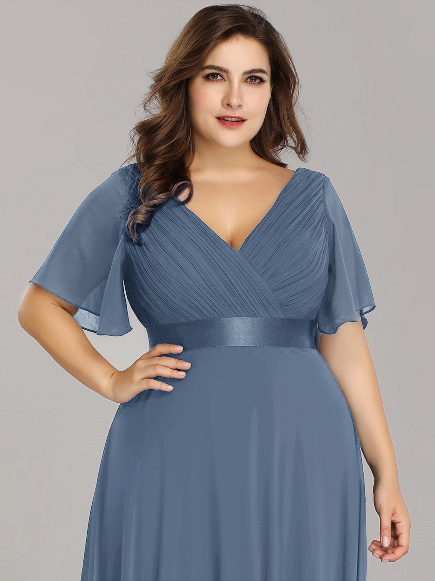 Double V-Neck Ruffles Padded Plus Size Wholesale Evening Dresses #Color_Dusty Blue