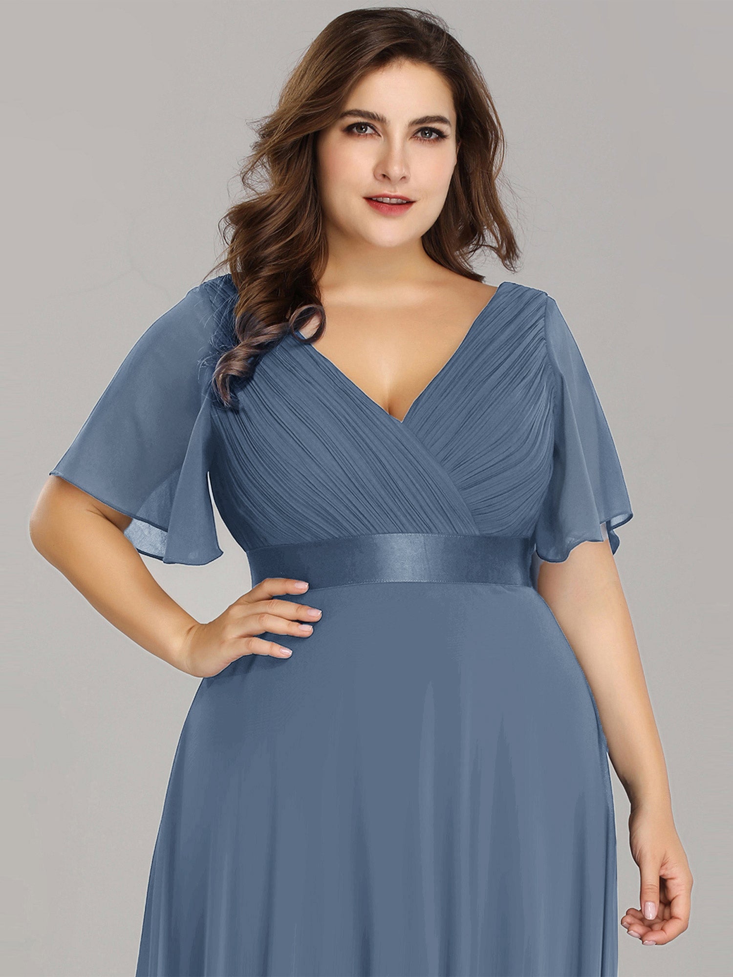 Double V-Neck Ruffles Padded Plus Size Wholesale Evening Dresses #Color_Dusty Navy