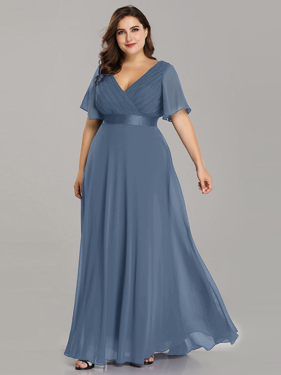 Double V-Neck Ruffles Padded Plus Size Wholesale Evening Dresses #Color_Dusty Navy