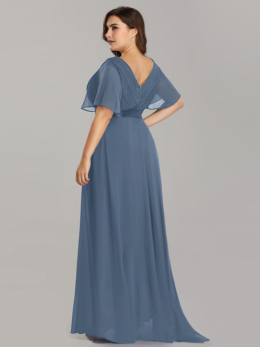 Double V-Neck Ruffles Padded Plus Size Wholesale Evening Dresses #Color_Dusty Blue