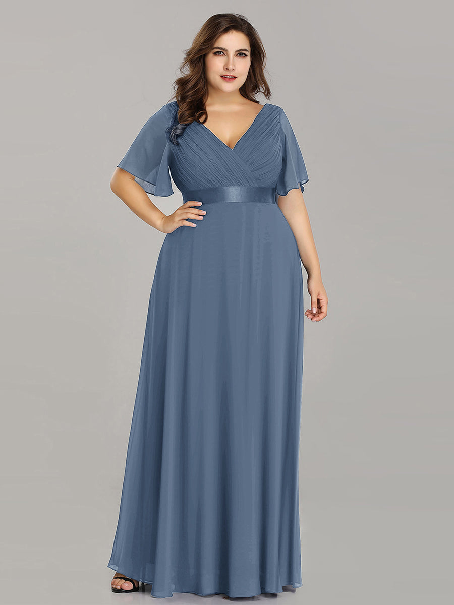 Double V-Neck Ruffles Padded Plus Size Wholesale Evening Dresses #Color_Dusty Navy