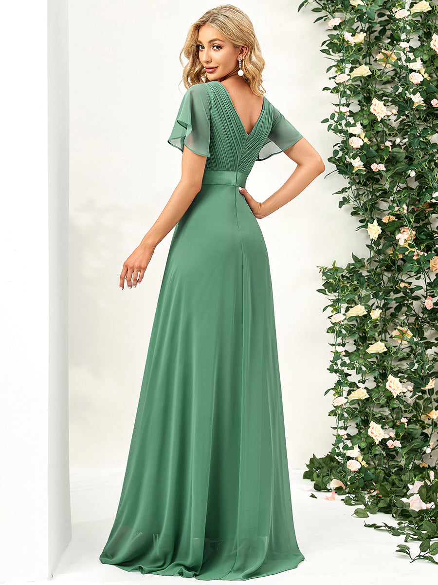 COLOR=Green Bean | Long Empire Waist Evening Dress With Short Flutter Sleeves-Green Bean 3