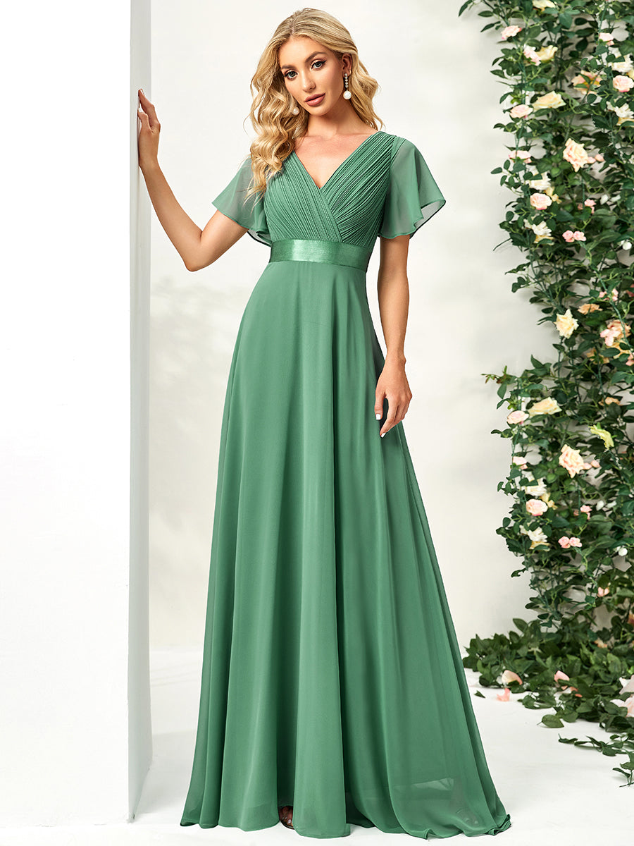 COLOR=Green Bean | Long Empire Waist Evening Dress With Short Flutter Sleeves-Green Bean 7