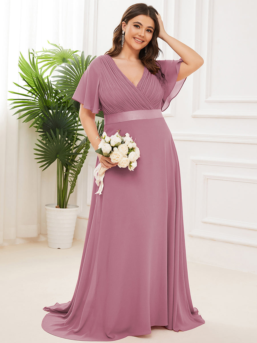 Double V-Neck Ruffles Padded Plus Size Wholesale Evening Dresses #Color_Orchid