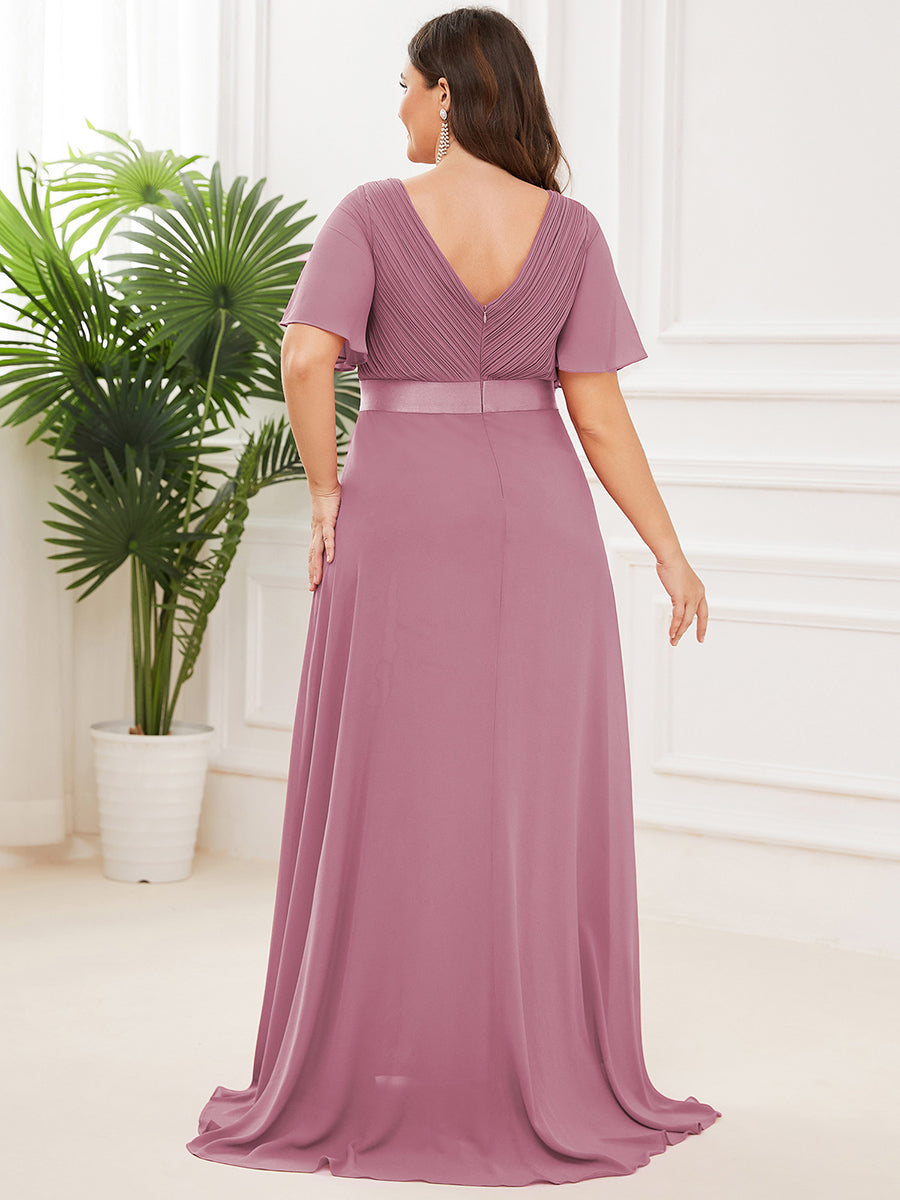 Double V-Neck Ruffles Padded Plus Size Wholesale Evening Dresses #Color_Orchid