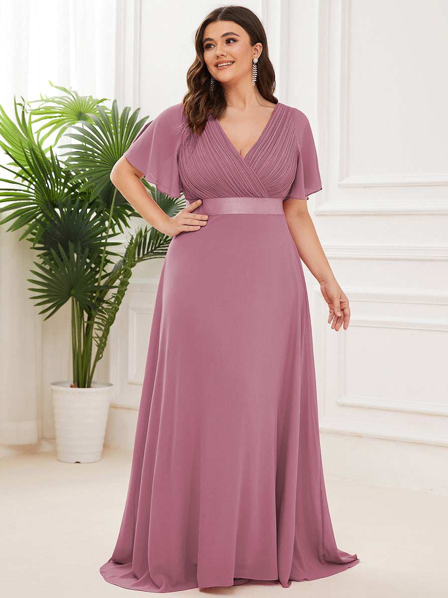 Double V-Neck Ruffles Padded Plus Size Wholesale Evening Dresses #Color_Orchid