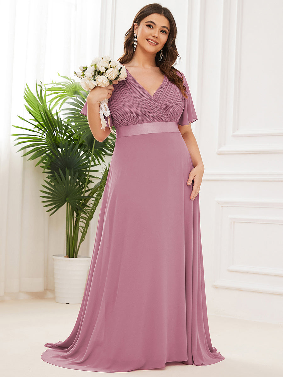 Double V-Neck Ruffles Padded Plus Size Wholesale Evening Dresses #Color_Orchid