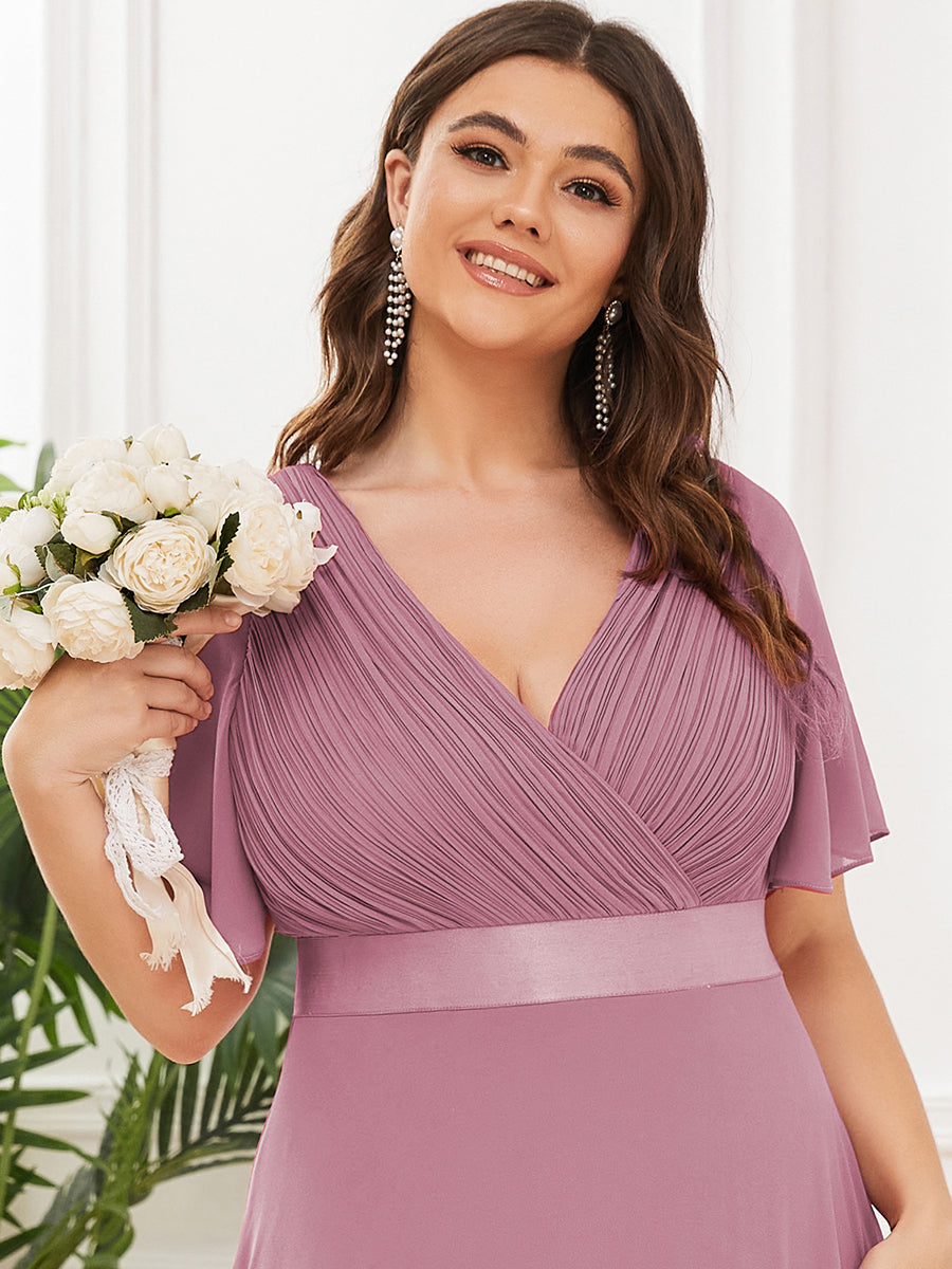 Double V-Neck Ruffles Padded Plus Size Wholesale Evening Dresses #Color_Orchid