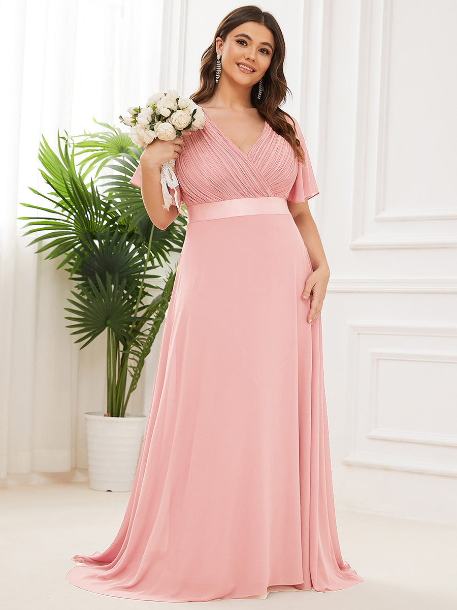 Double V-Neck Ruffles Padded Plus Size Wholesale Evening Dresses #Color_Pink 
