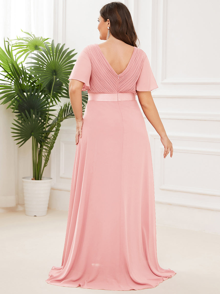 Double V-Neck Ruffles Padded Plus Size Wholesale Evening Dresses #Color_Pink 