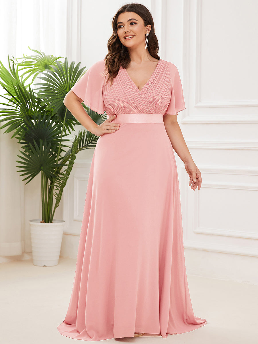 Double V-Neck Ruffles Padded Plus Size Wholesale Evening Dresses #Color_Pink 