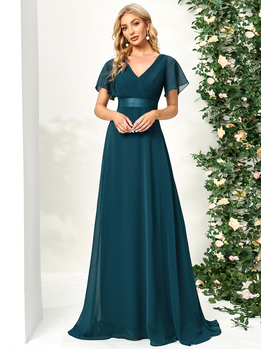 Glamorous Double V-Neck Ruffles Padded Wholesale Chiffon Evening Dresses #Color_Teal