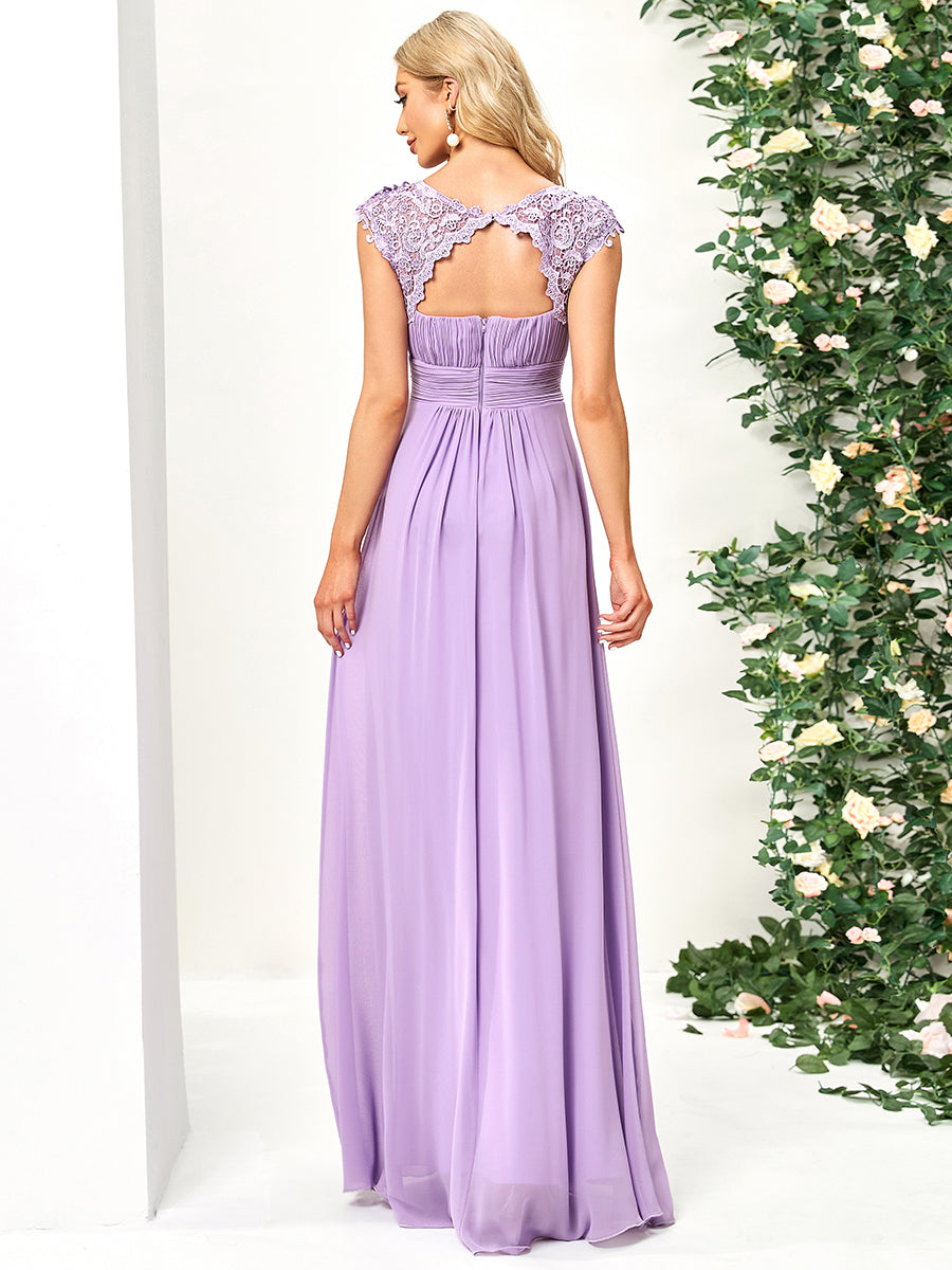 Color=Lavender | Lacey Neckline Open Back Ruched Bust Evening Dresses-Lavender 2