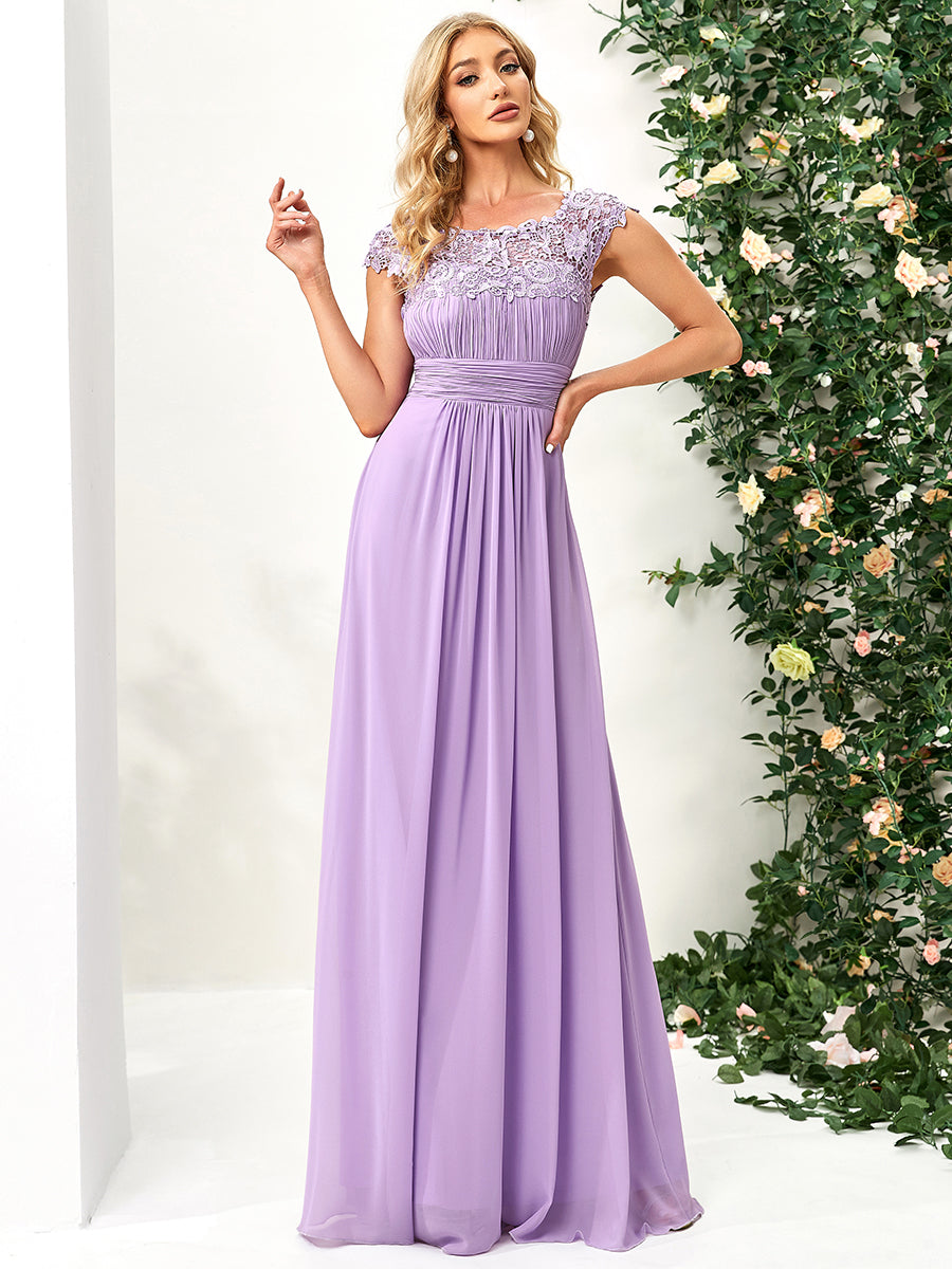 Color=Lavender | Lacey Neckline Open Back Ruched Bust Evening Dresses-Lavender 3