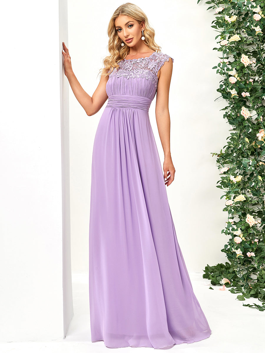 Color=Lavender | Lacey Neckline Open Back Ruched Bust Evening Dresses-Lavender 4