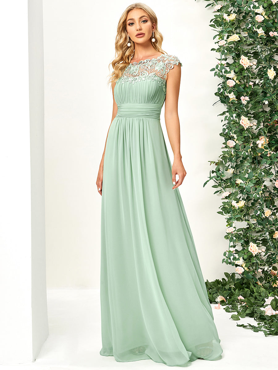 Color=Mint Green | Lacey Neckline Open Back Ruched Bust Evening Dresses-Mint Green 1