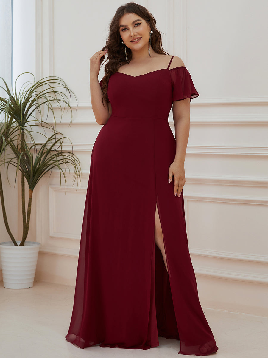 Color=Burgundy | Plain Solid Color Plus Size Wholesale Chiffon Bridesmaid Dress-Burgundy 1