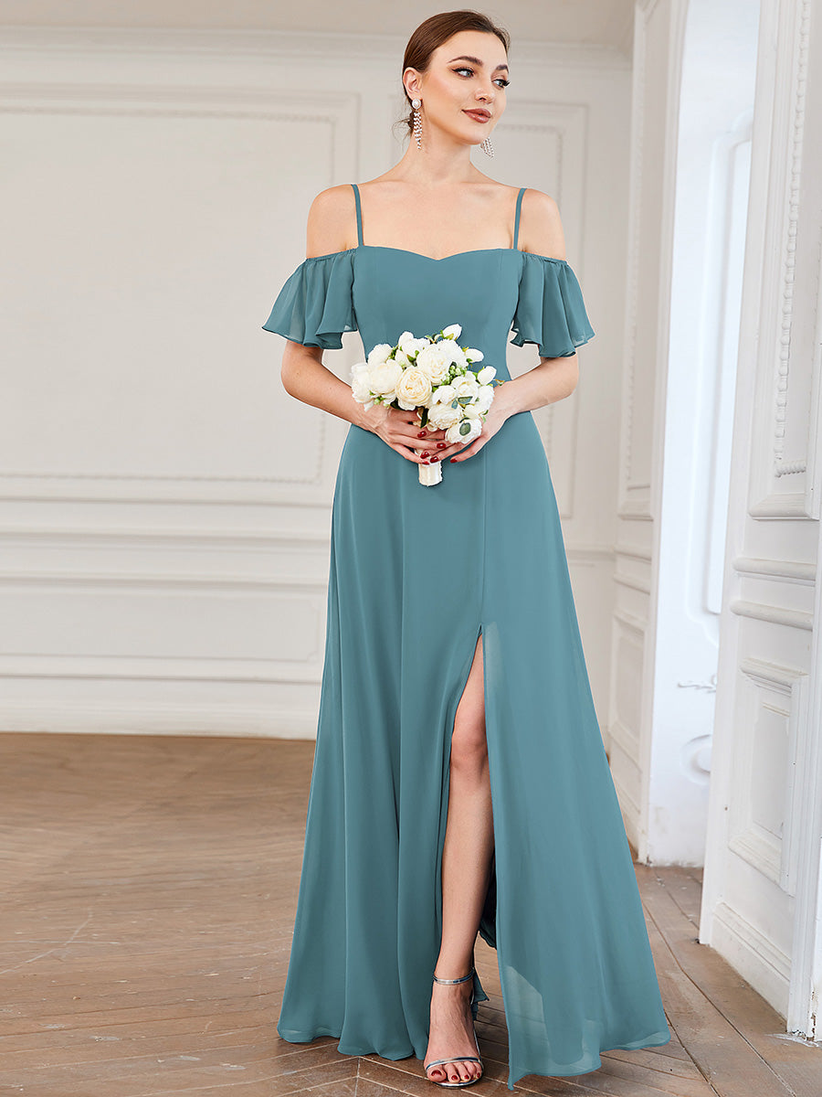 Custom Flattering Deep V Neck Flare Sleeves Wholesale Bridesmaid Dresses