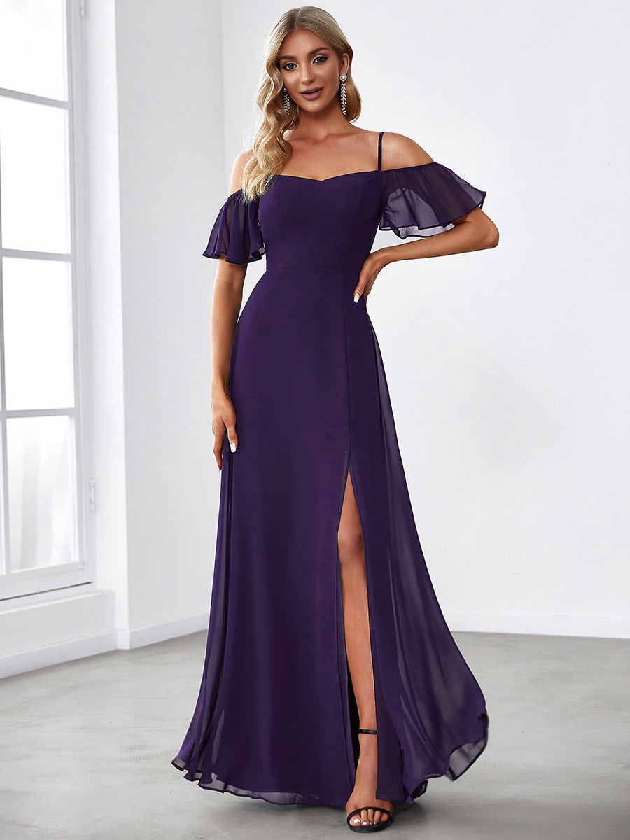 Custom Size Flattering Deep V Neck Flare Sleeves Wholesale Bridesmaid Dresses