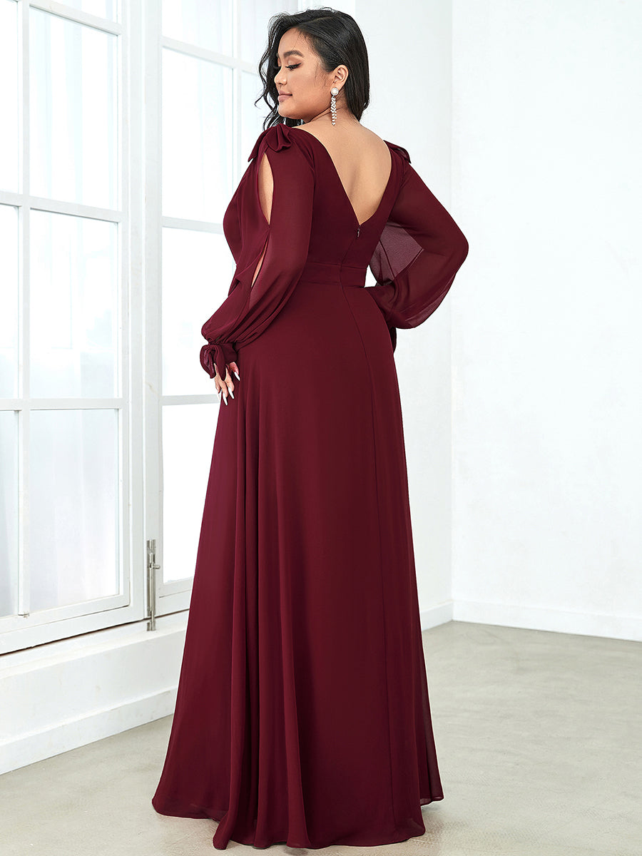 Color=Burgundy | Long Lantern Sleeves A Line V Neck Wholesale Bridesmaid Dresses-Burgundy 2