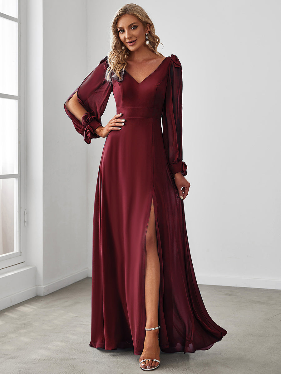Color=Burgundy | Long Lantern Sleeves A Line V Neck Wholesale Bridesmaid Dresses-Burgundy 1