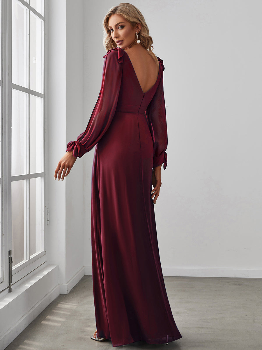 Color=Burgundy | Long Lantern Sleeves A Line V Neck Wholesale Bridesmaid Dresses-Burgundy 2