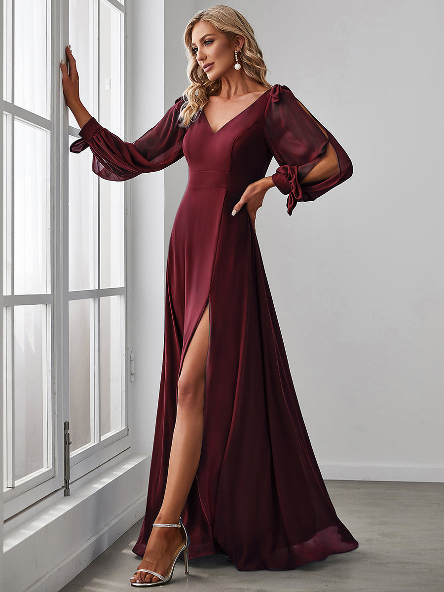 Color=Burgundy | Long Lantern Sleeves A Line V Neck Wholesale Bridesmaid Dresses-Burgundy 4