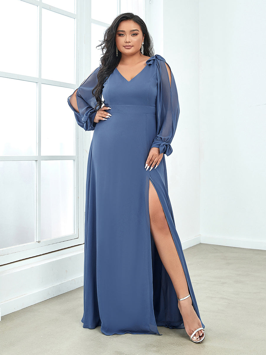 Color=Dusty Blue | Long Lantern Sleeves A Line V Neck Wholesale Bridesmaid Dresses-Dusty Blue 1