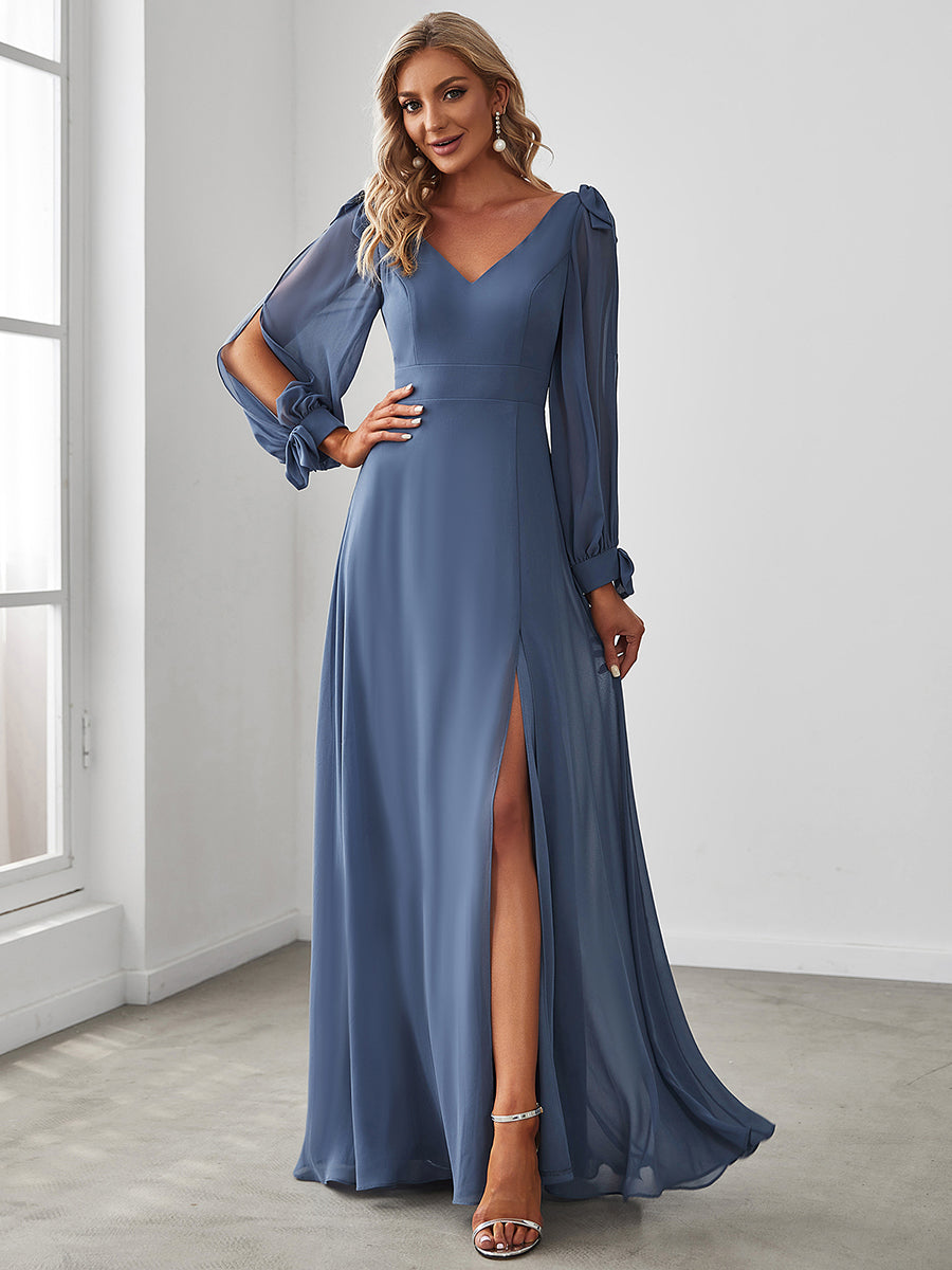 Color=Dusty Navy | Long Lantern Sleeves A Line V Neck Wholesale Bridesmaid Dresses-Dusty Navy 1
