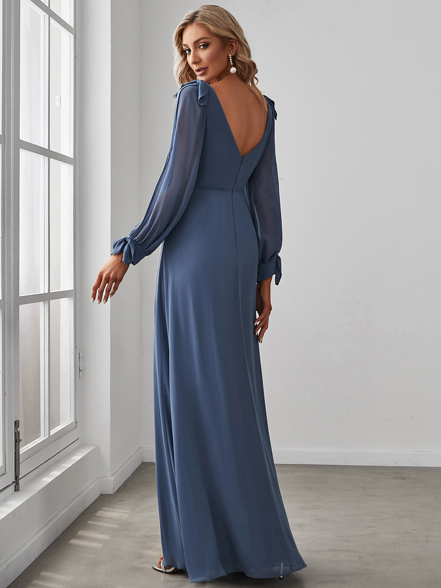 Color=Dusty Navy | Long Lantern Sleeves A Line V Neck Wholesale Bridesmaid Dresses-Dusty Navy 2