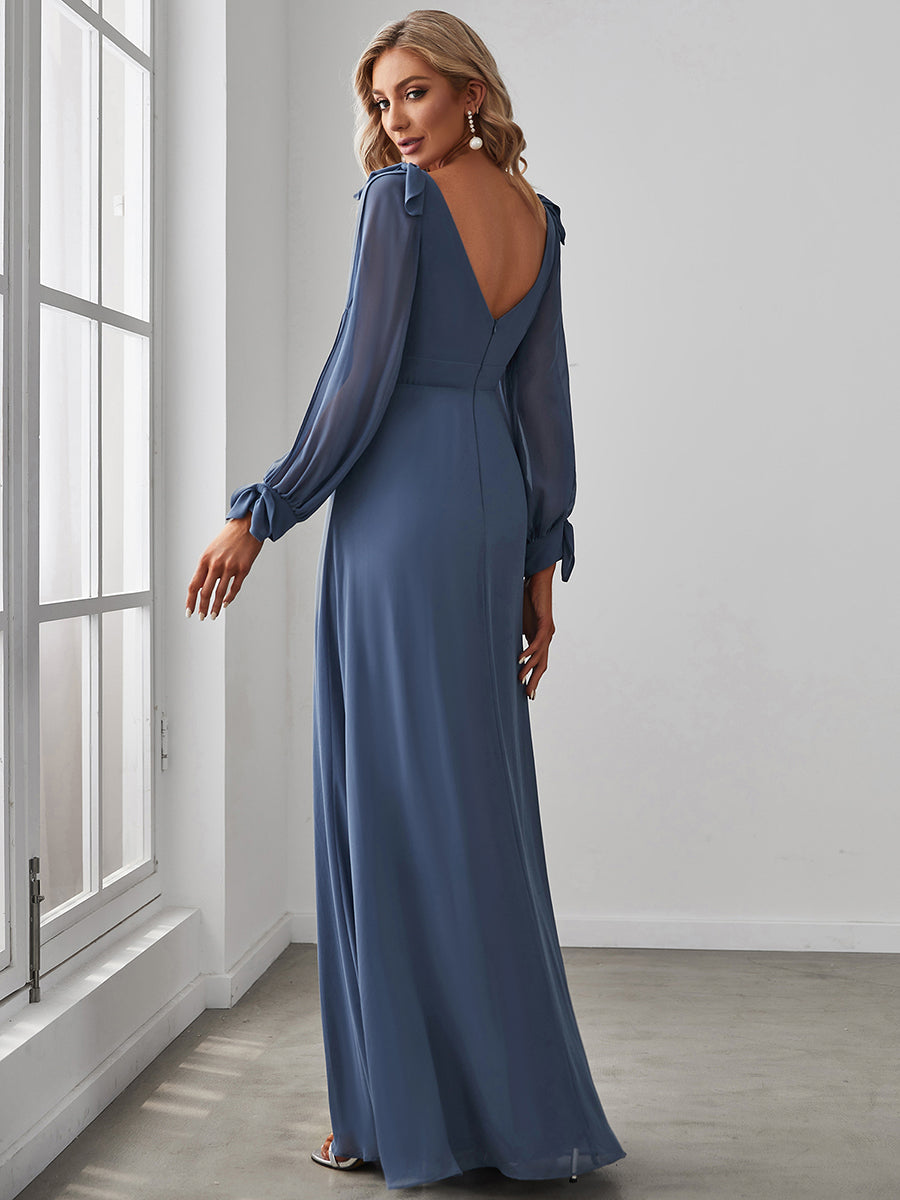 Color=Dusty Blue | Long Lantern Sleeves A Line V Neck Wholesale Bridesmaid Dresses-Dusty Blue 2